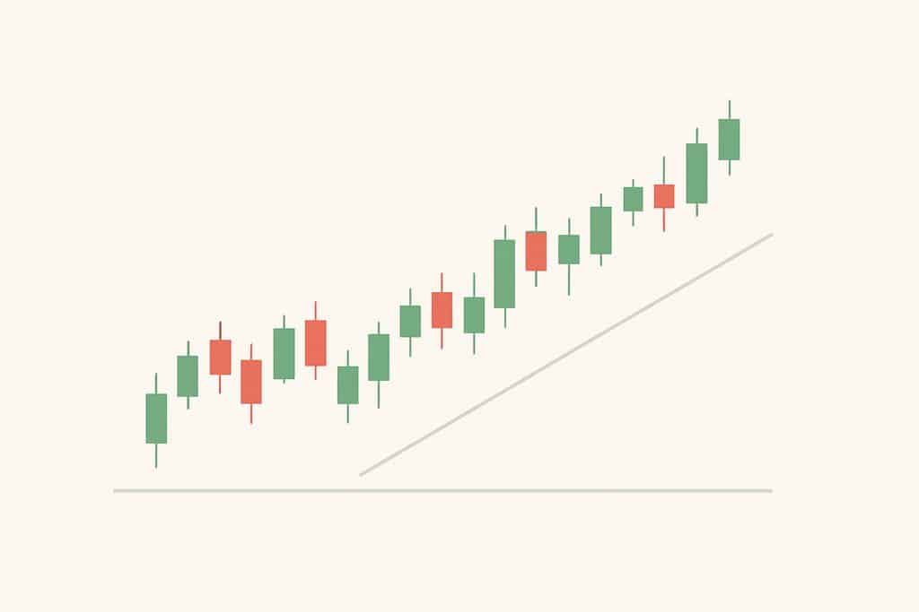Minimalist candlestick chart on a clean white background showing a gentle uptrend a series of sim...