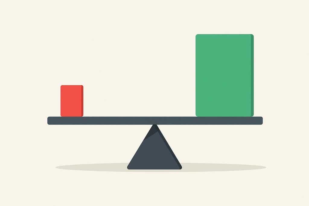 Simple risk-versus-reward visualization using geometric shapes: a balanced seesaw on a plain light background with a small red rectangle on one side (risk) and a larger green rectangle on the opposite side (reward).