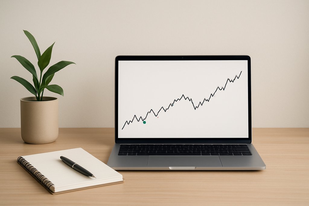 Calm beginner trading workspace: a tidy desk with a modern laptop displaying a very simple line chart with a modest upward slope and two subtle markers (one green dot near a recent low, one red dot slightly below it) to imply entry and stop placement.