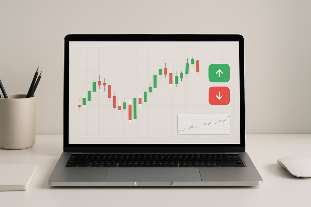 Photorealistic, minimalist desktop scene with a modern laptop open on a clean white desk, displaying a trading simulator interface: a large, simple candlestick chart with green and red candles on a neutral grid, an uncluttered side panel with two rounded icon buttons (one green with an upward arrow, one red with a downward arrow) to suggest buy/sell actions, and a small inset line equity curve.