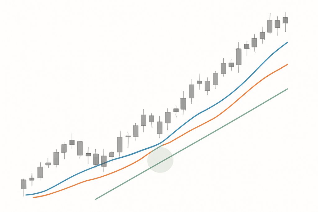 A clean minimalist candlestick chart on a white background showing an uptrend strategy neutral gr...