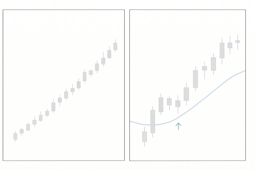 Two-panel minimalist layout on a white background illustrating multi-timeframe alignment: left panel shows a smooth uptrend with sparse gray candles and a gently rising blue moving average; right panel shows a tighter candle view with a brief pullback and a clean breakout indicated by a small upward green arrow.