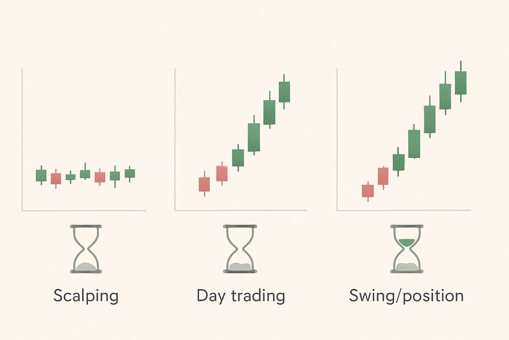 Side-by-side trio of small charts visualizing holding period differences across trading types without text.