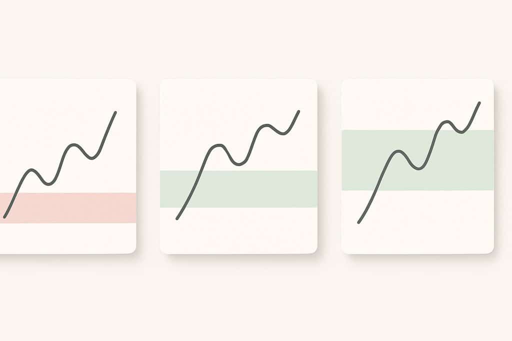 Clean three-tile image illustrating risk-reward style differences in trading strategies.
