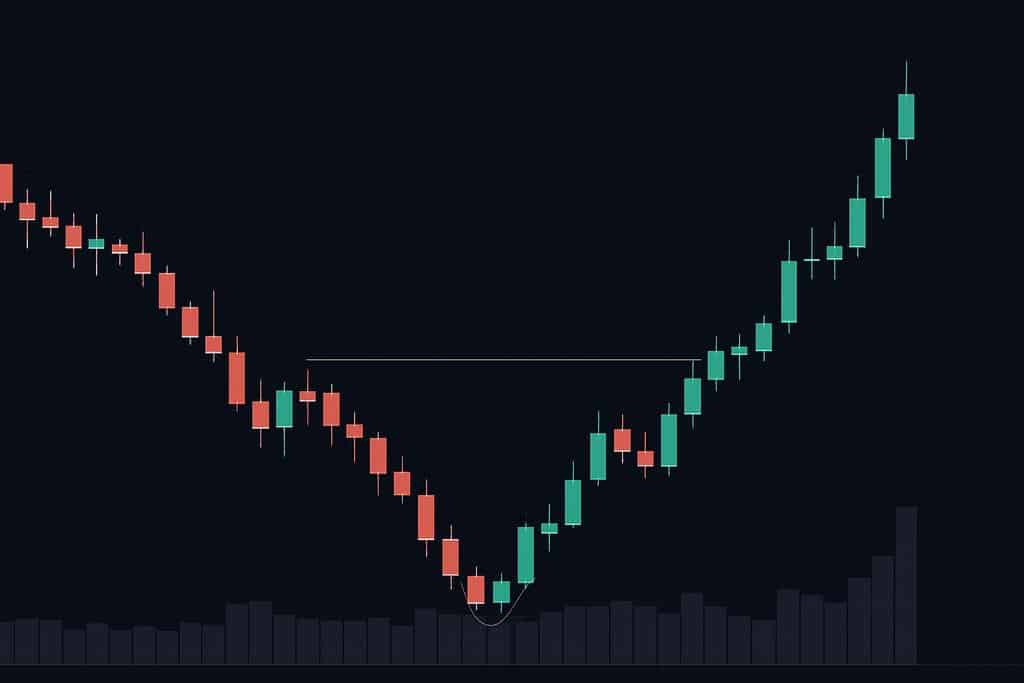 Minimalist dark-themed candlestick chart showing a clear double-bottom W pattern forming after a gentle downtrend: two distinct troughs with the second low slightly higher, a thin horizontal neckline drawn across the intervening peak, and a strong bullish breakout candle closing above the neckline.