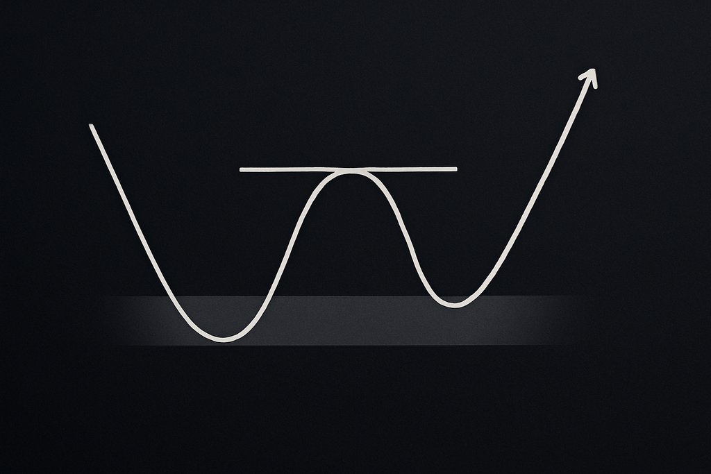 Clean, high-contrast line chart on a dark background depicting a smooth W-shaped price path: two rounded lows separated by a mid-peak, with a soft shaded support zone band under the two lows and a thin, lightly highlighted neckline band across the mid-peak.