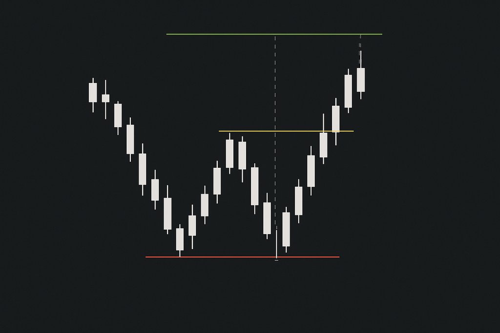 Simple risk-setup visualization on a dark minimalist chart focusing tightly on a W pattern: candlesticks forming the W, a thin gold horizontal line at the neckline to indicate entry, a slim red horizontal line slightly below the second low for risk, and a slim green horizontal line above the neckline for a projected target equal to the pattern’s height.