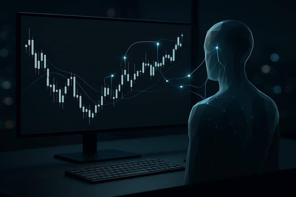 Minimalist darkmode trading workstation a bezelless ultrawide monitor displays a clean candlestic...