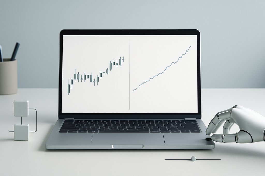 Clean light-theme backtesting scene: an open laptop centered on a tidy white desk shows a split screen—left pane with a simple sequence of candlesticks progressing left to right, right pane with a smooth, rising equity-like curve—both without axes labels or numbers; next to the laptop, a few minimal modular blocks connected by thin lines symbolize model parameters; a sleek robotic hand gently adjusts a single horizontal slider; soft natural lighting, cool teal and gray palette, generous white space; absolutely no text or digits visible.