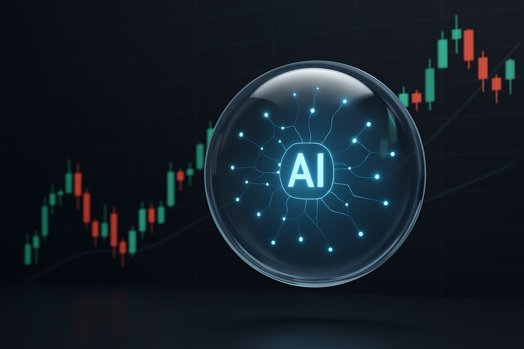 Minimalist 3D render of a sleek, transparent AI orb hovering in front of a clean, dark trading chart with simple green and red candlesticks and two subtle, smooth trendlines.
