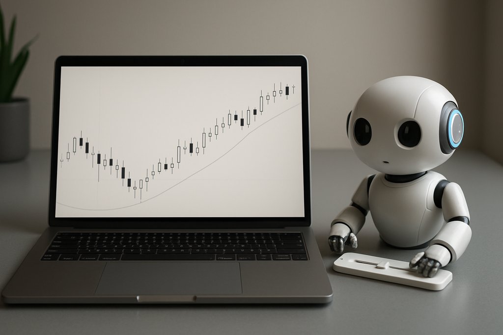 Modern, minimal desk scene featuring a laptop displaying a clean chart with sparse candlesticks and a smooth, semi-transparent strategy line overlay indicating backtest performance.