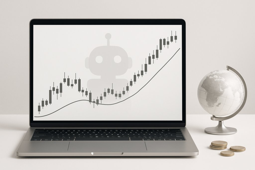A clean modern desktop setup with a slim laptop on a minimalist white table The laptop screen sho...