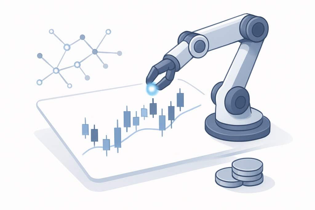 Minimalist illustration of an automated trading concept: a sleek robotic arm gently placing glowing markers onto a simple price chart composed of candlesticks and a single moving line.