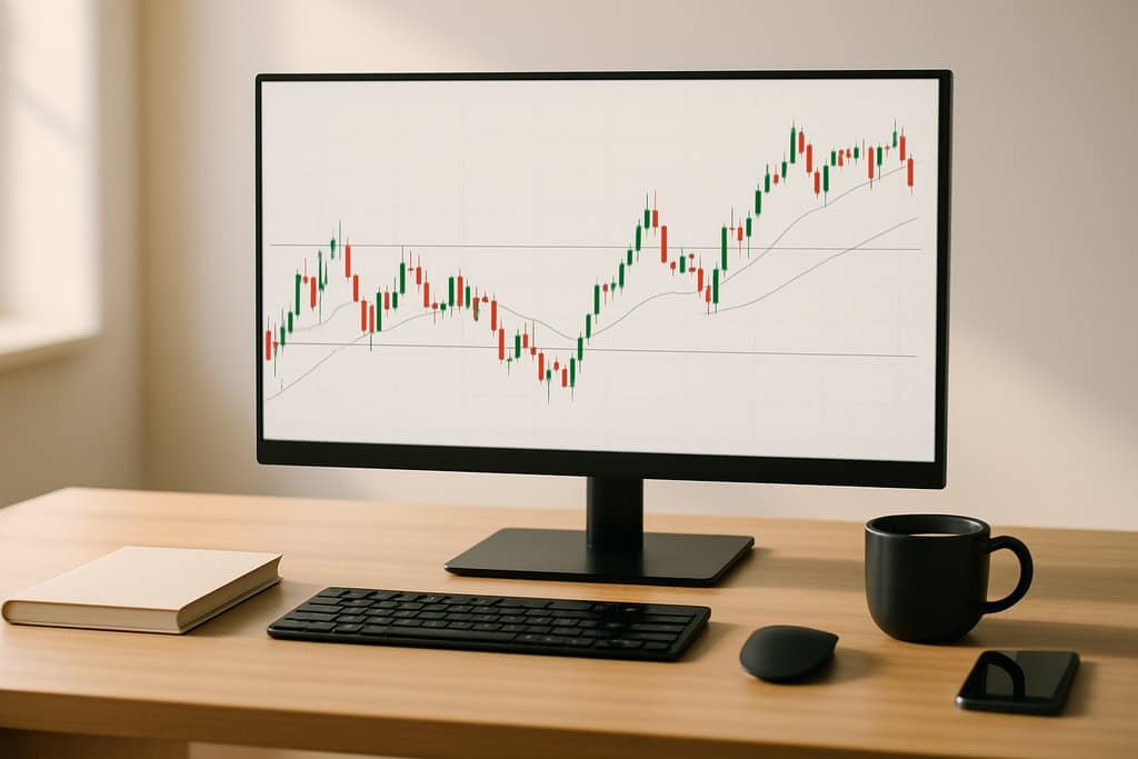 Photorealistic scene of a minimalist daytrader desk in natural morning light a single widescreen ...