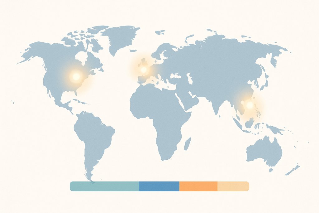 Simple, modern flat illustration of a world map focused on major forex hubs: subtle glows over London, New York, Tokyo, and Sydney to suggest market sessions.