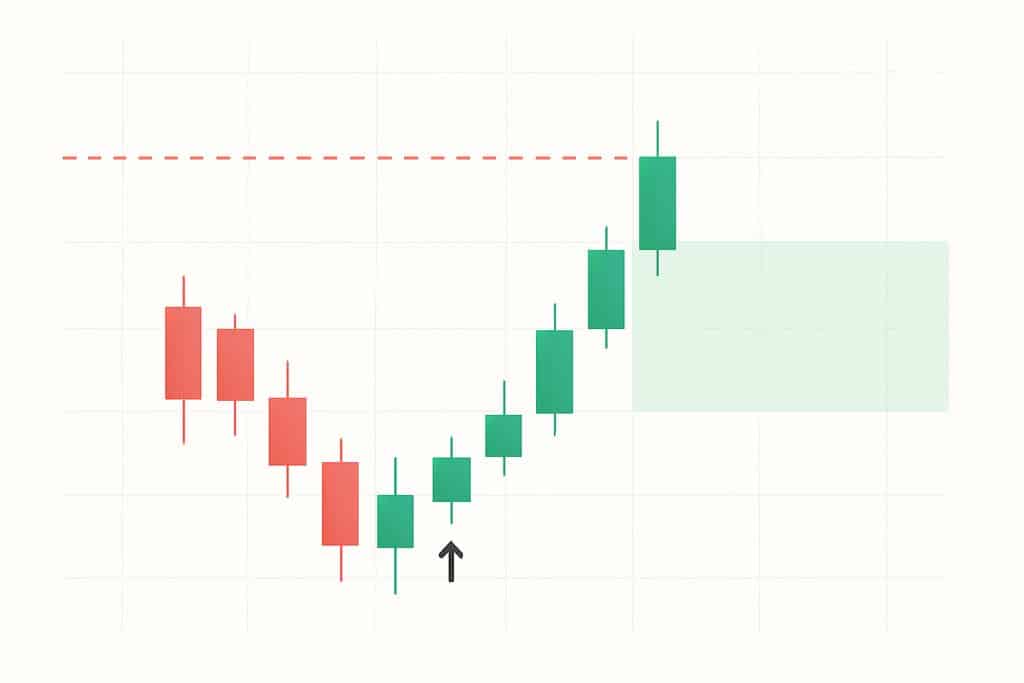 Clean, close-up chart illustration showing a short-term forex day trade: a sequence of candlesticks with an entry marked by a small, unobtrusive upward arrow icon at a breakout, a dashed red horizontal line above or below indicating a stop-loss, and a soft green rectangular zone further away indicating a take-profit area.