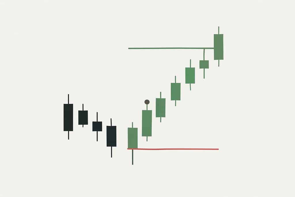A clean, uncluttered intraday price chart focused on one trade idea: place a small neutral entry dot on a bullish candle, a thin red horizontal line below price to represent a stop-loss, and a thin green horizontal line above price to represent a take-profit.