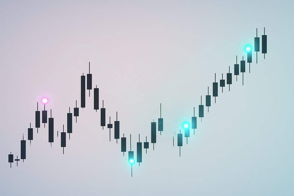 Minimalist clean composition showing a darkthemed candlestick chart against a soft gradient backg...