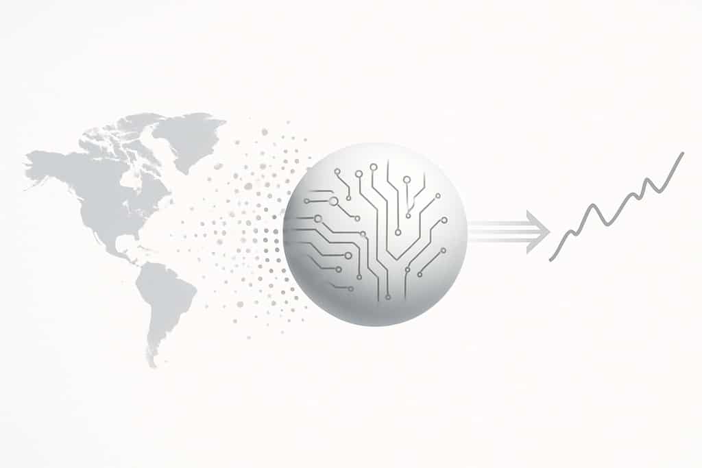 Simple conceptual image illustrating an AI-driven trading pipeline: on the left, a stylized world map silhouette and abstract data particles flow toward a central smooth sphere with circuit-like patterns (representing the AI model), then continue to a single clean trend line on the right with minimal up-and-down movement.