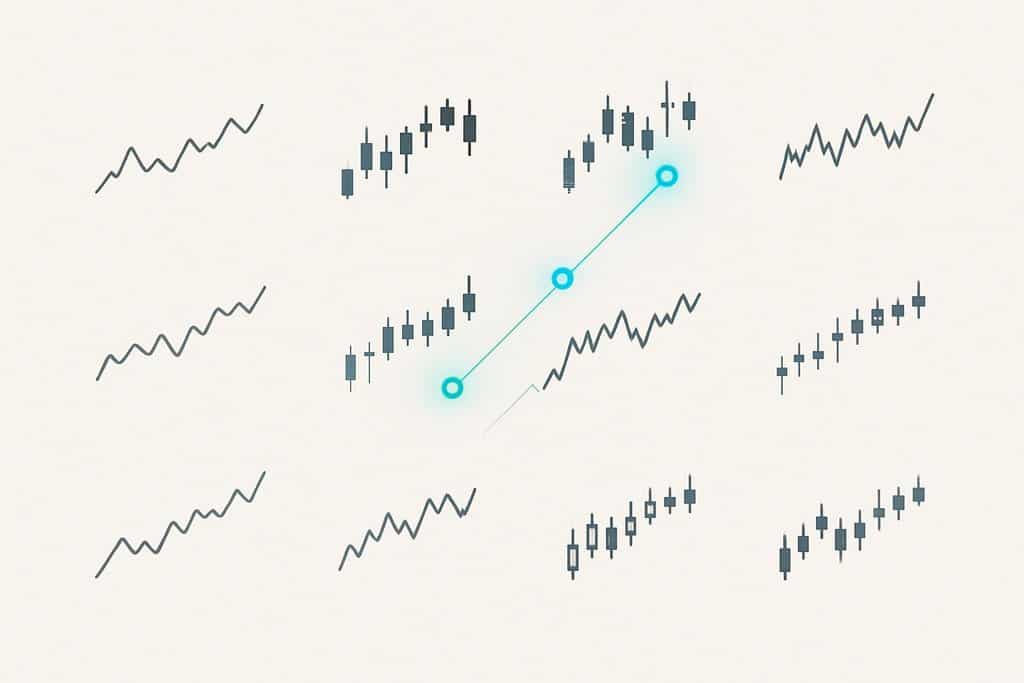 Clean dashboard-style scene showing a grid of small, simplified line and candlestick mini-charts (each without axes, labels, or numbers) arranged neatly on a neutral background.