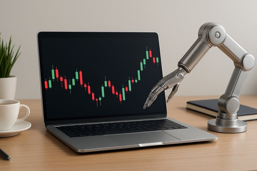 A clean modern desktop workspace with a slim laptop displaying a simplified forex candlestick cha...