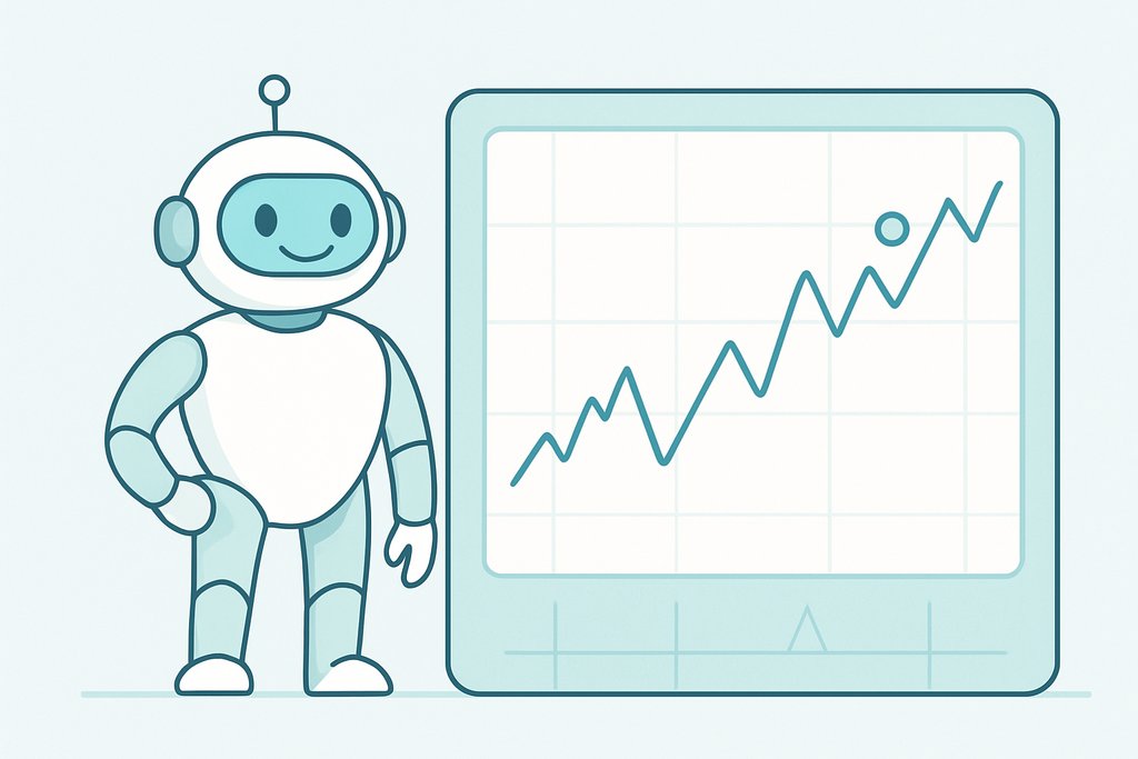 A minimal, flat-style illustration of a friendly humanoid robot standing beside a large, simplified trading dashboard.