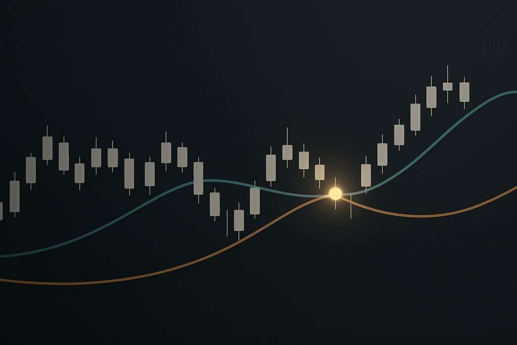 A clean minimalist forex candlestick chart on a dark background showing a clear movingaverage cro...