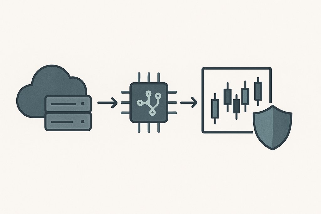 An isometric, simple illustration of an algorithmic trading workflow: a stylized cloud/server icon on the left, connected by sleek arrows to a compact circuit-chip element representing the bot logic, then flowing to a clean candlestick chart, and finally to a subtle shield icon indicating risk controls.
