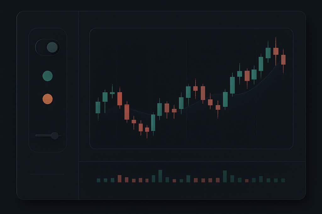 Clean, dark-mode trading bot dashboard interface: a central compact candlestick chart with a translucent moving-average overlay; to one side, simple toggle and slider controls (power toggle, risk slider) and a few circular status indicators; beneath the chart, a minimal order timeline with small colored bars.