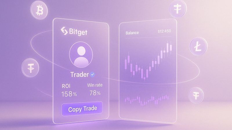 Interface de copy trading Bitget avec stats trader et graphiques crypto, design violet minimaliste.