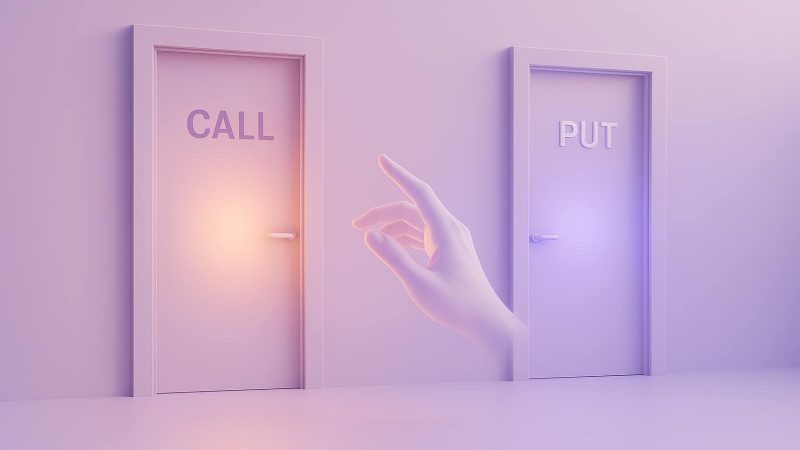 Une scène élégante et minimaliste de deux portes abstraites côte à côte, l'une étiquetée CALL l'autre PUT