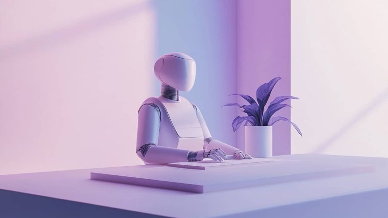 A_minimalist_elegant_scene_robot_seated_at_a_clean_trading_desk Une scène élégante et minimaliste d'un robot assis à un bureau de trading