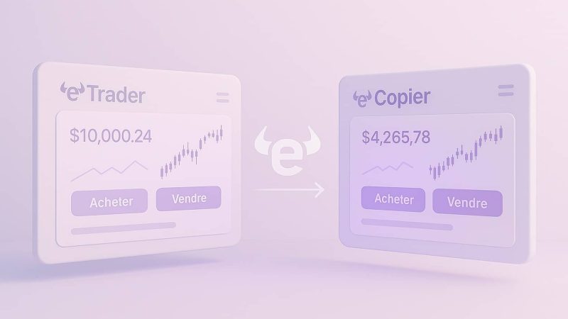 etoro-copy-trading Deux écrans le premier d'un trader eToro le second d'un copieur eToro